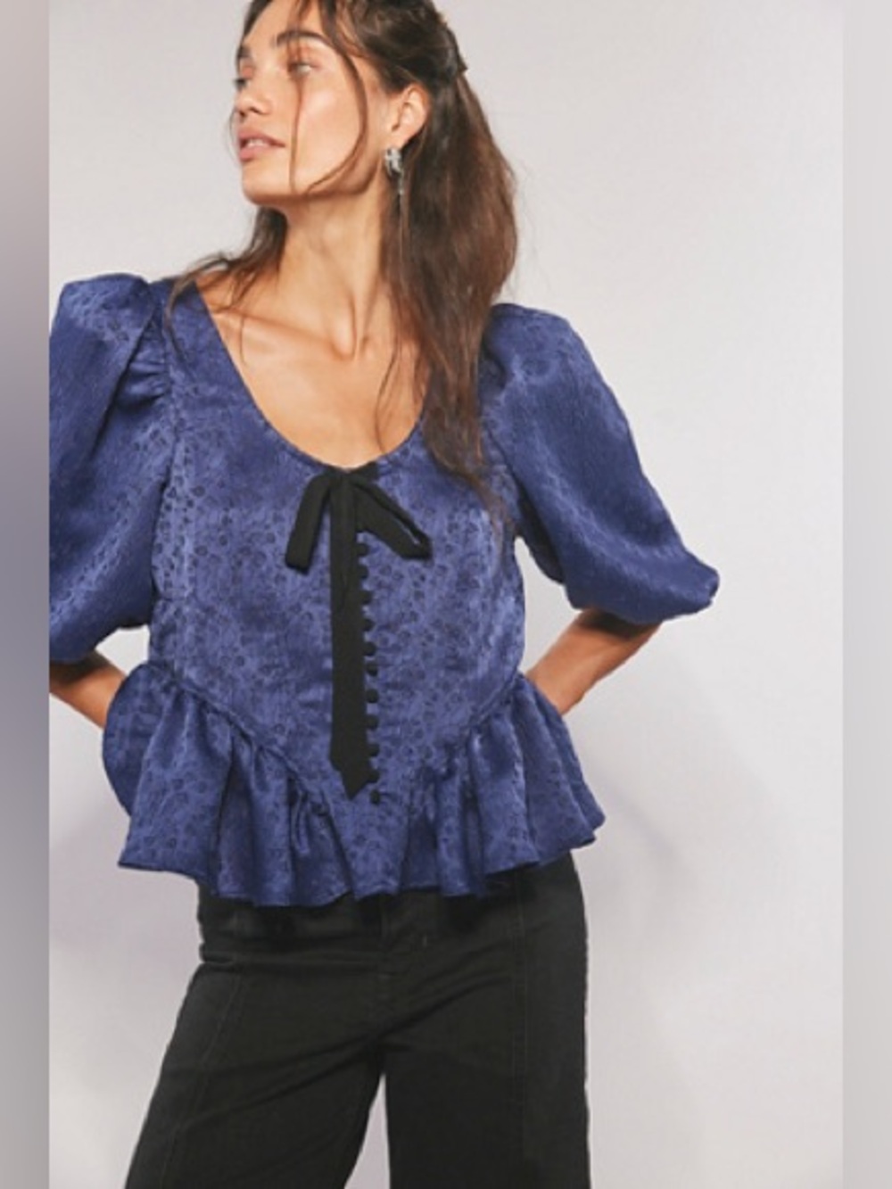 NWT new medium free people Pamela bow blouse top blue buttons puff sleeves